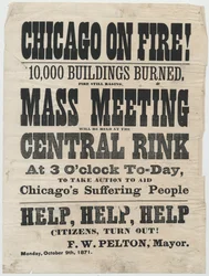 Bredside-reklamemøde i Cleveland, Ohio, for at hjælpe ofrene for Chicago-branden i 1871, 1871